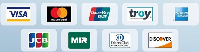 Çeşitli kredi kartı ve ödeme yöntemlerinin logoları.